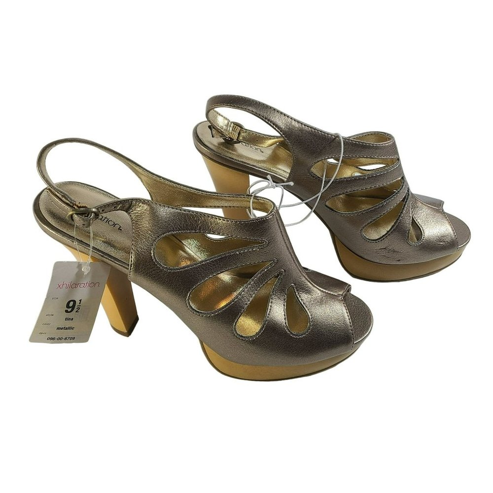 Xhilaration Tina Cutout Platform Sandals Heels Ankle Strap Metallic Gold 9.5